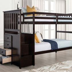 Brand New Espresso Twin Size Bunk Bed w Staircase 