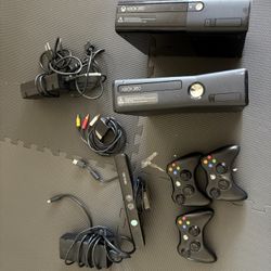 2 Xbox 360 And Games, 3 Controllers W/ Kinnect 