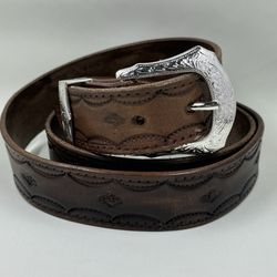 Vintage Brown Tooled Leather Western Belt With Silver Hardware