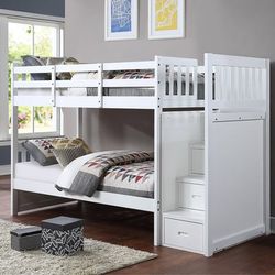 Twin / Twin Bunk Bed
Reversible Staircase with Drawers
Espresso or White Finish  🔹️ Litera Twin-Twin Colchones Incluidos  Color Blanca 