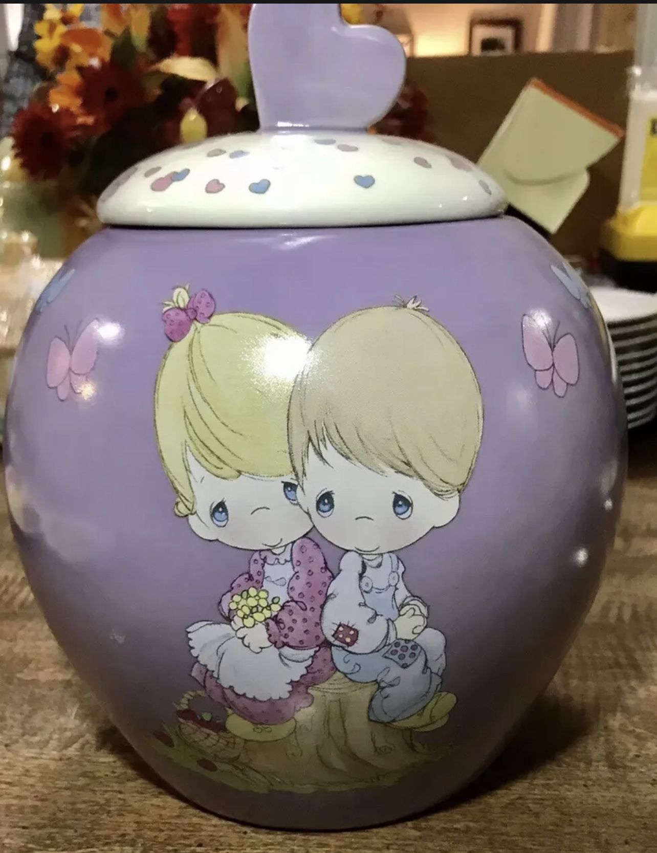 Too Cute Precious Moments Ceramic Lavender Cookie Jar-Heart & Butterflies