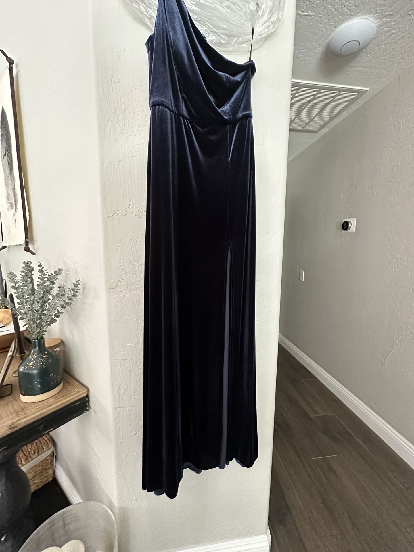 One Shoulder Spaghetti Strap Velvet Maxi Dress with Pockets