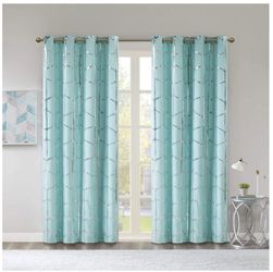 Teal Metallic Print Total Blackout Thermal Insulated Drape Curtains