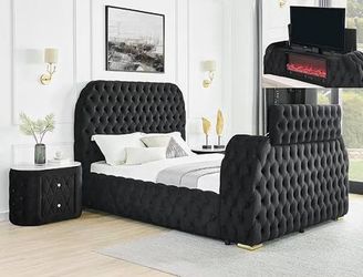 New Tufted Bed With TV Stand / Fireplace. Black. Free Delivery!