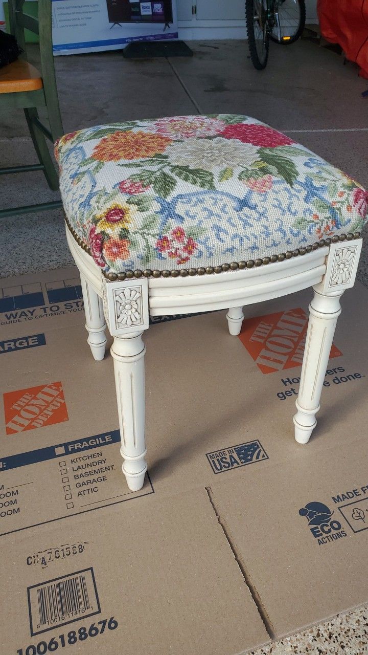 Floral Upholstered Embroidered Stool