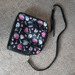 Skull And Peony Black Shoulder Bag
