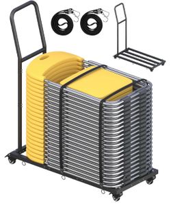Folding Chair Rack with Wheels, 300 LBS Capacity, Chair Cart Holds 25-35 Chairs, Heavy-Duty Metal Chair Dolly with 2 x 6.5FT Rope, L-Shape Folding Cha