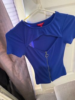 Guess Blue Zip-Front Cutout Top