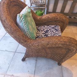 vintage Pottery Barn Malabar woven wicker rattan lounge chair with custom cushions.