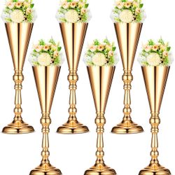 Potchen 6 Pcs Flower Trumpet Gold Vase Tabletop Centerpiece Gold Tall Flower Vases Bulk Wedding Table Decorative Centerpiece Table Decorations