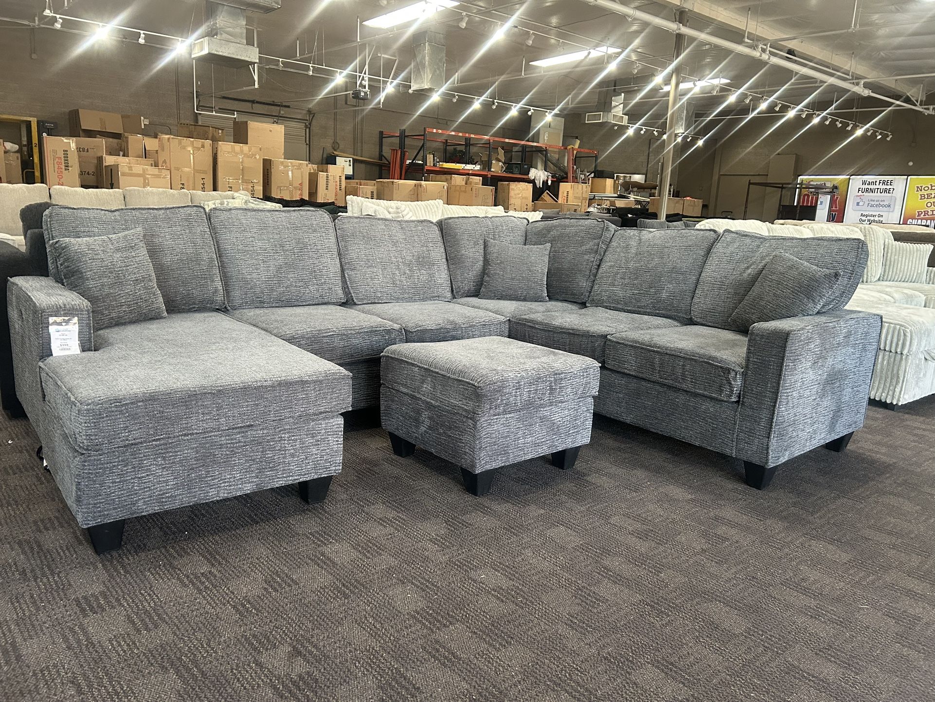 Large Gray Sectional W Ottoman 