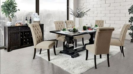 Brand New Antique Black & Beige 7pc Formal Dining Table Set