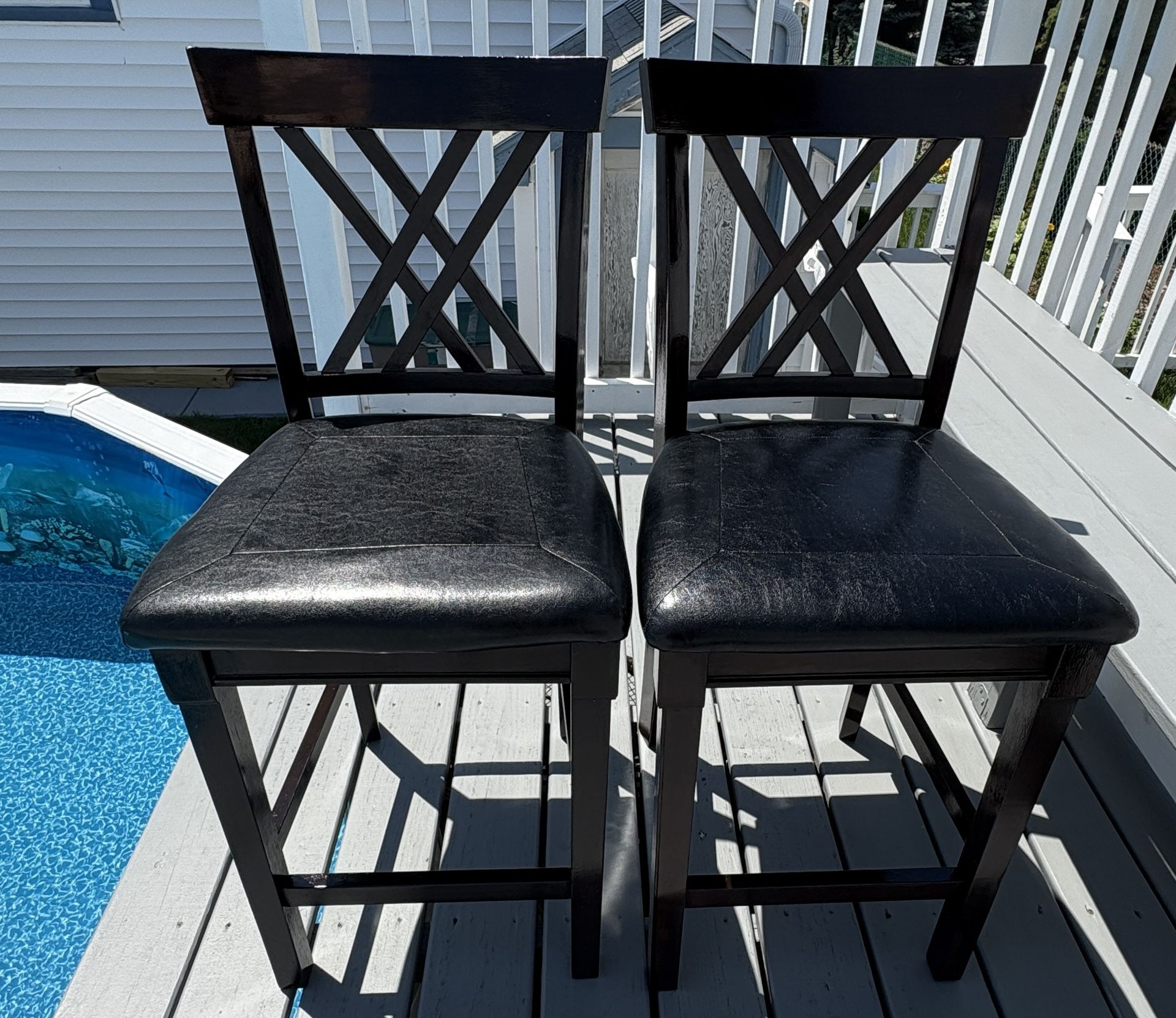 2 Espresso Wood Counter-Height Chairs with Faux Leather Seats – Great Condition