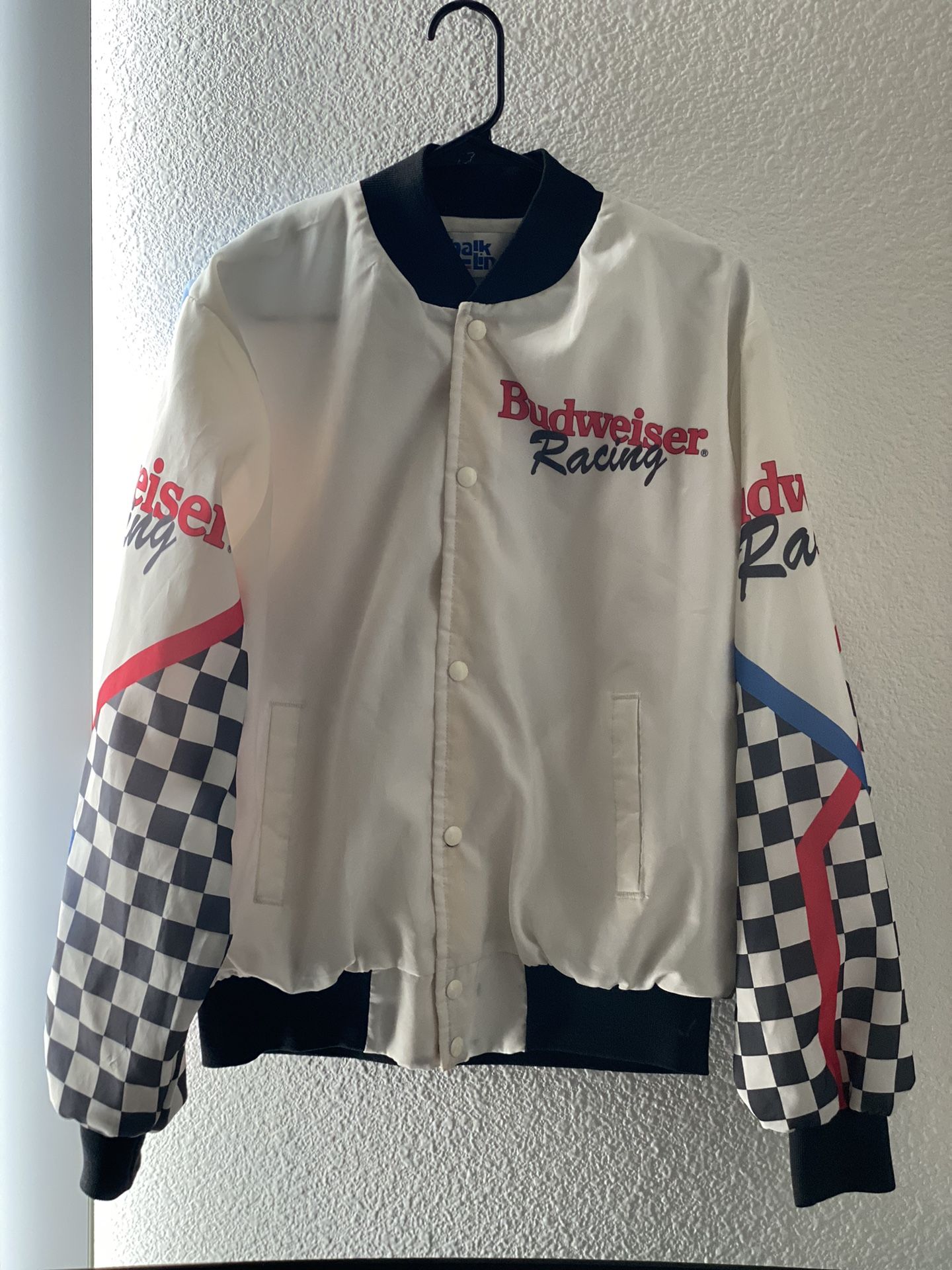 Vintage Budweiser Racing Chalk Line Satin Snap Button Jacket Nylon Size L