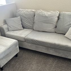 77' Gray Velvet Small Sofa Couch With Ottoman