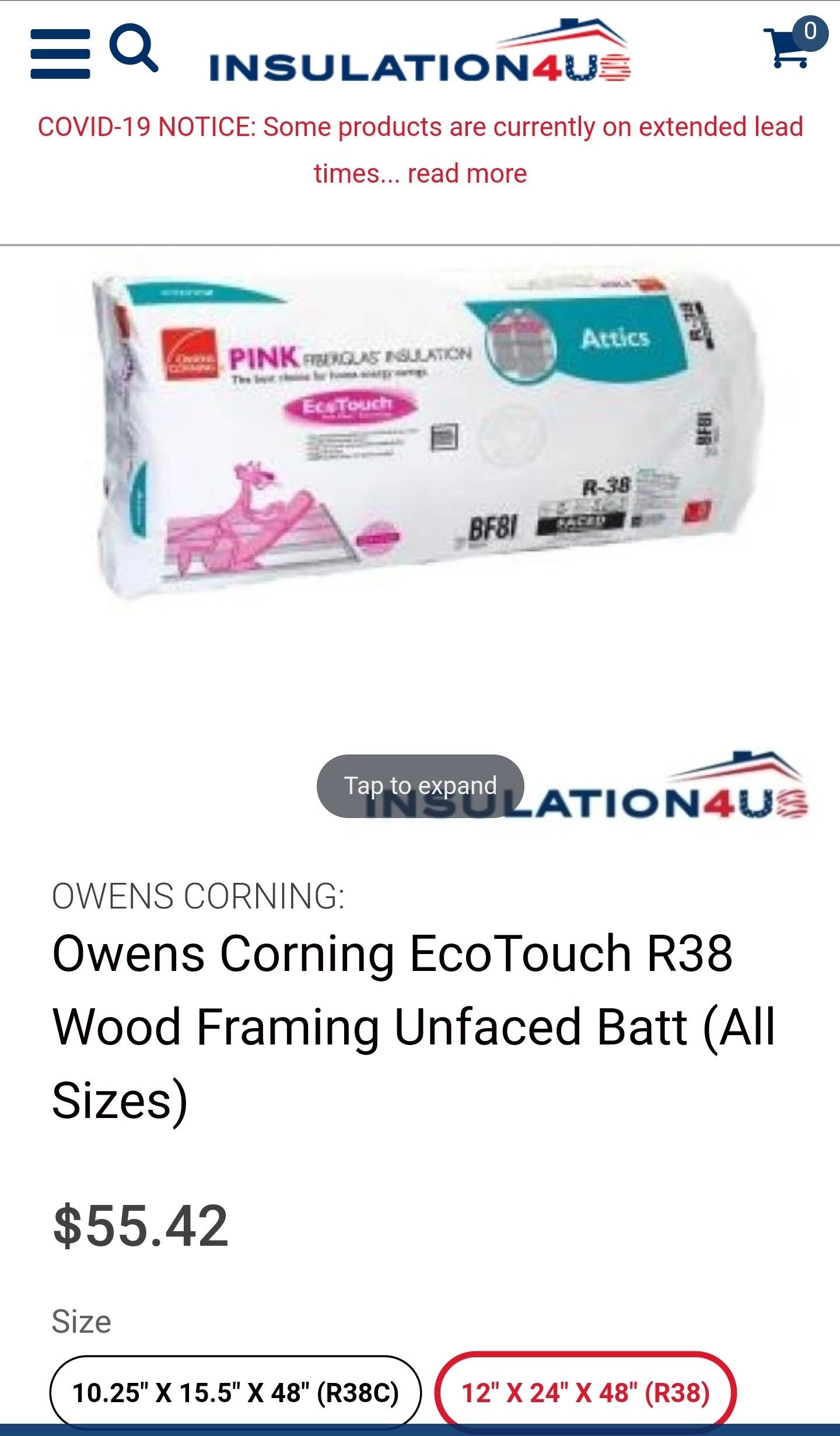 Owens Corning R38 Unfaced Fiberglass Batt Insulation