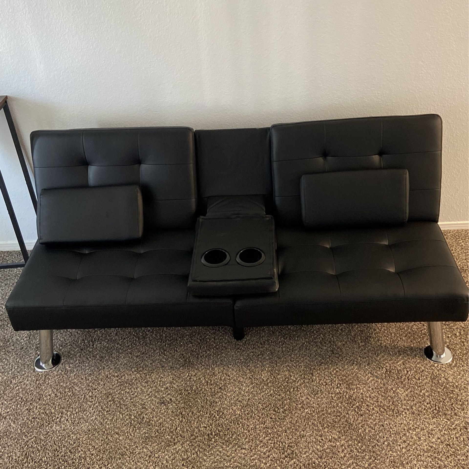 Leather Futon w/ Pillows & Cup Holders