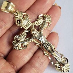 Big 14k Gold Jesus Crucifix INRI Cross Pendant yellow white 3 inches long