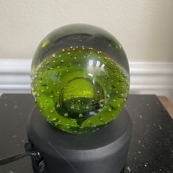 Green& Clear Glass Paperweight Controlled Bubbles 3 1/2”