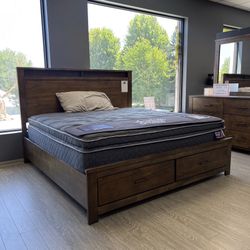 Brown Storage Bed Frame 4pc Bedroom Set - Oakridge Collection 
