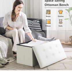 White Folding Storage Ottoman Bench, Faux Leather Footrest for Living Room, Storage Bench with Padded Seat for Bedroom, Holds up to 350lbs $25