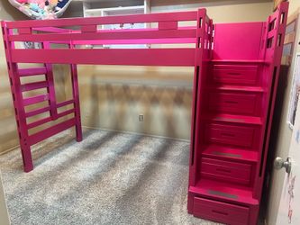 Pink bunk bed frame with stairs and drawers