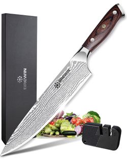 Kitchen Knife with Sharpener, Razor Sharp 8 Inch Chef Knife with Red Pakkawood Handle German High Carbon Stainless Steel 