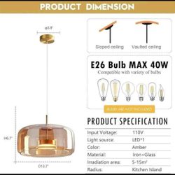 Amber Glass Pendant Light Fixture – Modern Kitchen Island Hanging Ceiling Lamp