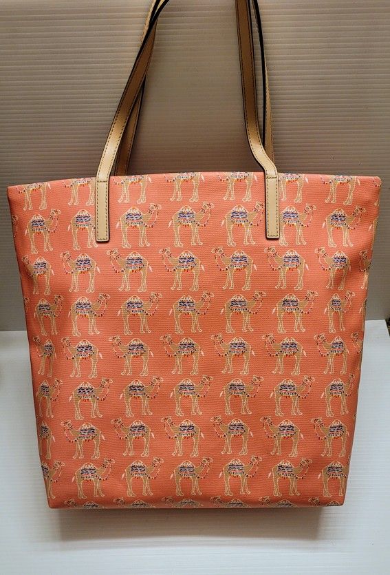 New Kate Spade Shopper Spice Things Up Bon Tote Bag Novelty Camel Print Pink Like New