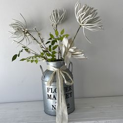 Rustic Farmhouse Flower Vase Arrangement – Decorative Metal “Flower Market” Jug