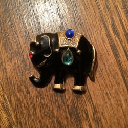 Jeweled Black Enamel Elephant Rhinestone Brooch