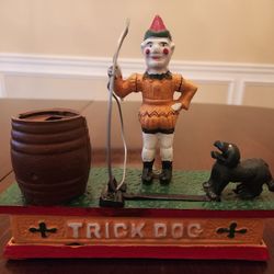 Vintage Cast Iron Trick Dog Mechanical Coin Bank Circus Clown