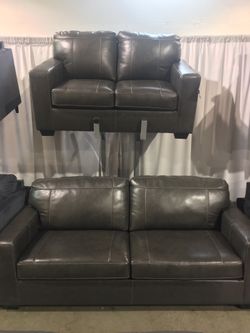 Charcoal Real Leather Sofa and Loveseat Set Sale