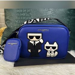 KARL LAGERFELD PARIS MAYBELLE CAMERA CROSSBODY BAG SHOULDER PURSE COBALT KARL CAT