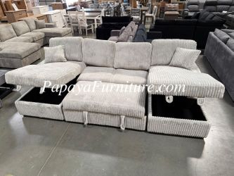 NEW 120" TWO STORAGE LOUNGE Light Gray Beige Soft Fabric Sectional couch with Pullout Sleeper Bed Set Sofa Sofabed Ashley Style Designer BIG Grey SALE