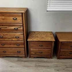 Solid Oak Wood Dresser + 2 Nightstands
