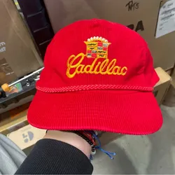 Vintage 1980s Cadillac Amapro Corduroy Pull StrapBack Rope Cap Hat Bright Red