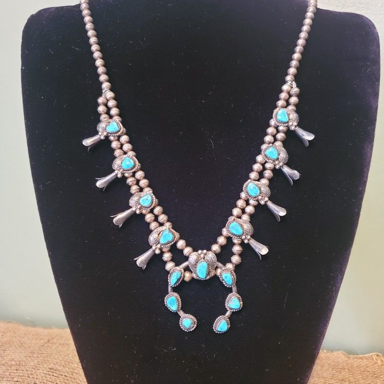 Estate Native American Sterling Silver Turquoise Squash Blossom Necklace 60g