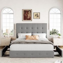 Queen Size Platform Bed Frame with 4 Storage Drawers and Headboard, Diamond Stitched Button Tufted Mattress Foundation with Wooden Slats Support, Ligh