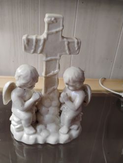 White Cherub Figurine with Cross