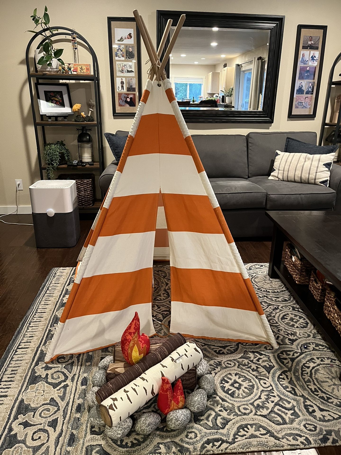 Land Of Nod Orange Stripe Teepee And Crate And kids Plush Fabric Camp Fire.