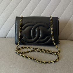100% Authentic CHANEL Vintage Envelope Flap Bag – Black Quilted Leather with Gold-Tone Hardware 