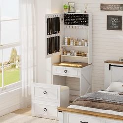 White Small Vanity Desk with Mirror and Lights, Modern Glass Top Dressing Table with Wheels & Charging Station, Compact Makeup Vanity Set with Jewelr