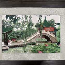 Gorgeous VTG Silk Thread Embroidery Asian Garden W/ Pagoda, Bridge & Water Scene