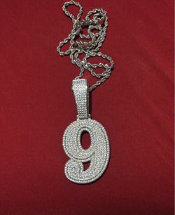 Silver plated Moissanite #9 pendant & chain $100