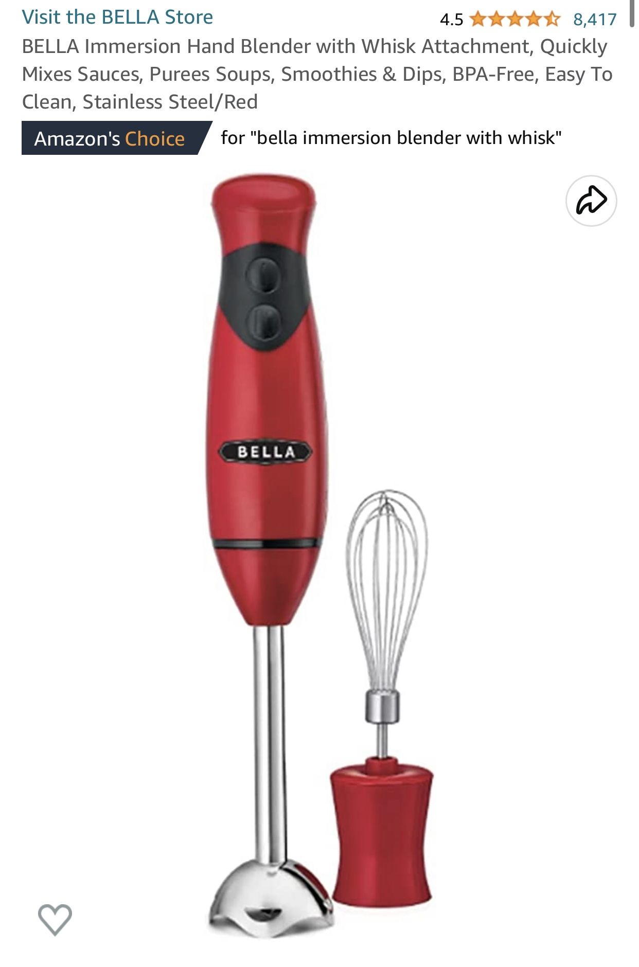 Bella Hand Blender with Whisk Attachment
