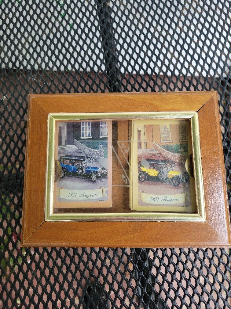 Vtg 1984 Albert E. Price Playing Cards Peugeot Car Wooden Glass Top Box 80s