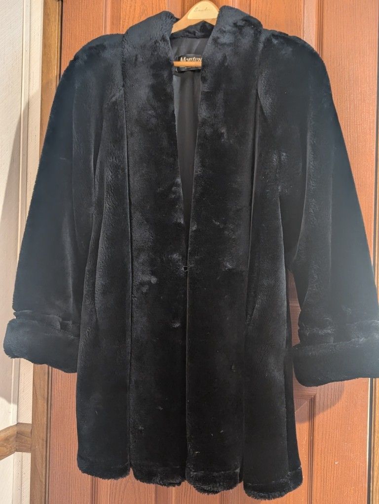 Vintage Women's Monterey Faux Fur Black Coat, Size Medium
