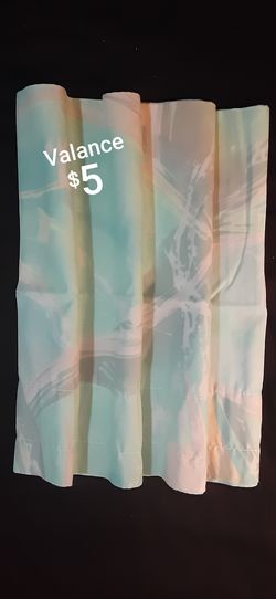 Pastel Valance Curtain, 86"w x 19"L, aqua with grey & pink swirls, excellent cond.