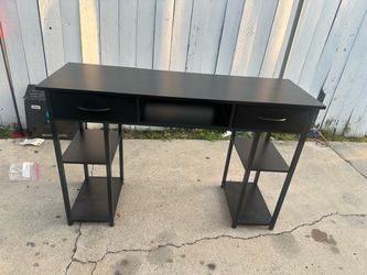 Black Computer Desk with Drawers and Shelves